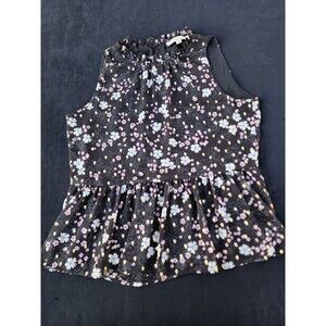 LOFT size M Black peplum Multicolor Floral Ruffle Neck Sleeveless top